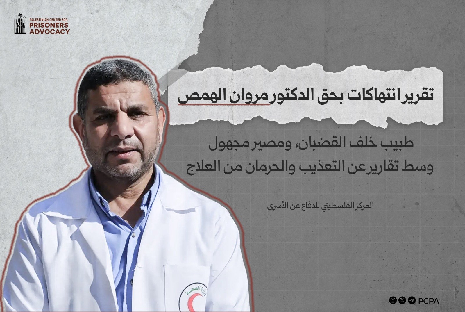 الطبيب المعتقل مروان الهمص يواجه خطرًا صحيًا متفاقمًا داخل سجون الاحتلال في ظل الحرمان من الدواء والتجويع والعزل
